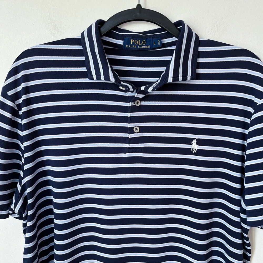 Polo Ralph Lauren Short Sleeve Striped Polo‎ Shirt Mens Large Navy Blue White